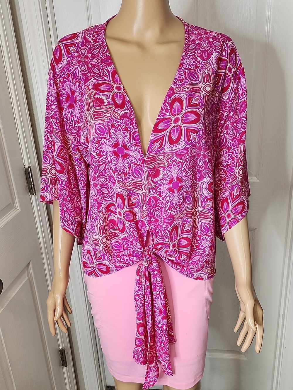 Adrienne Pink Floral V-Neck Tie-Front Blouse